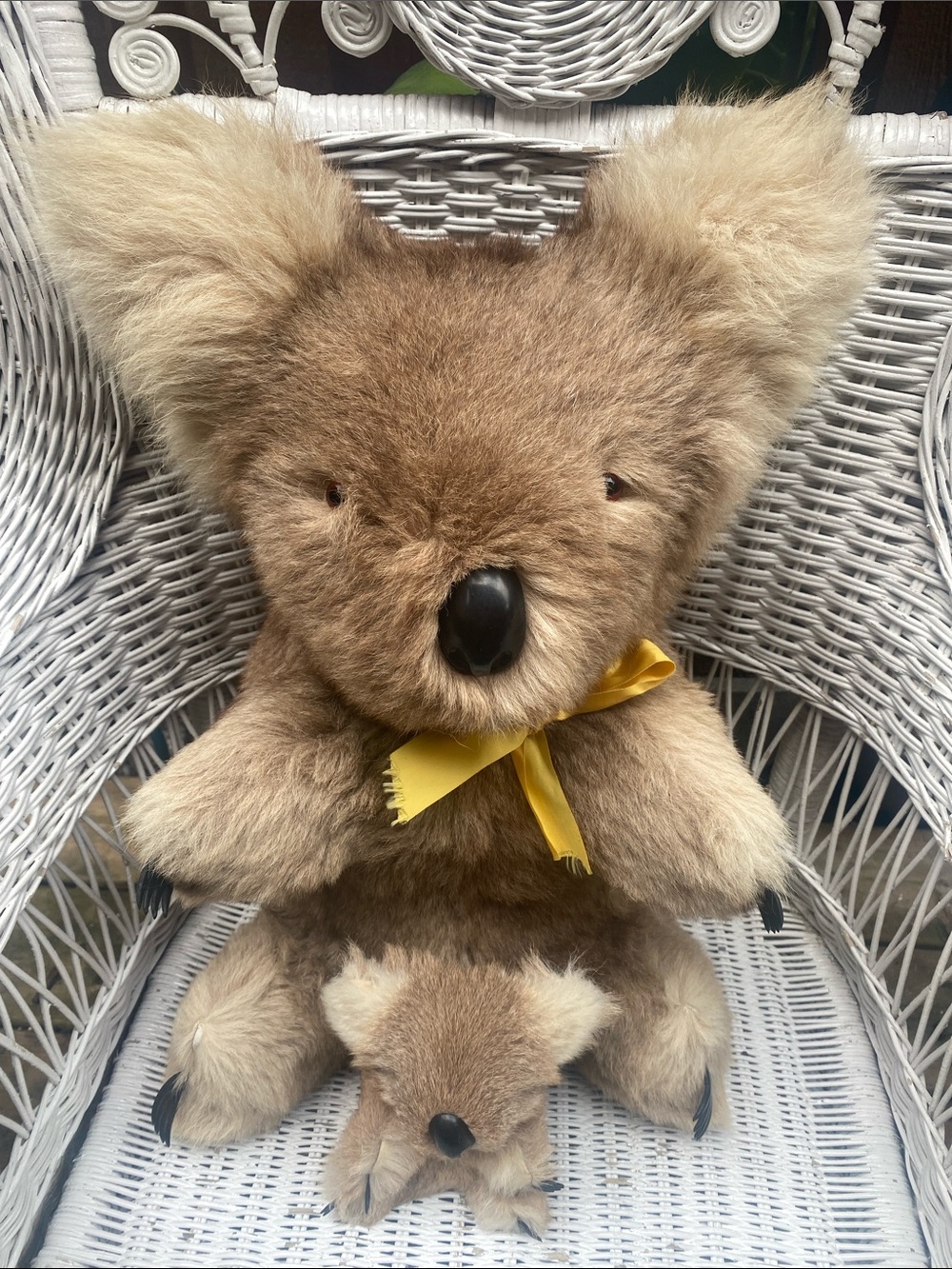 Vintage Plush Brown Koala Stuffed Animal Toy with Yellow Bow and Joey Koala - Picture 2 of 16